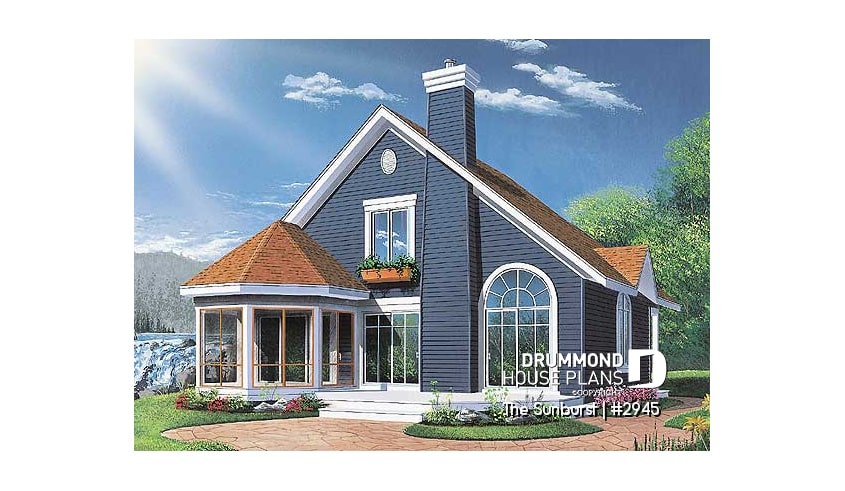Rear view - BASE MODEL - Popular cottage house plan, 3 beds, 2 baths, panoramic view, master on main, open space, mezzanine - The Sunburst