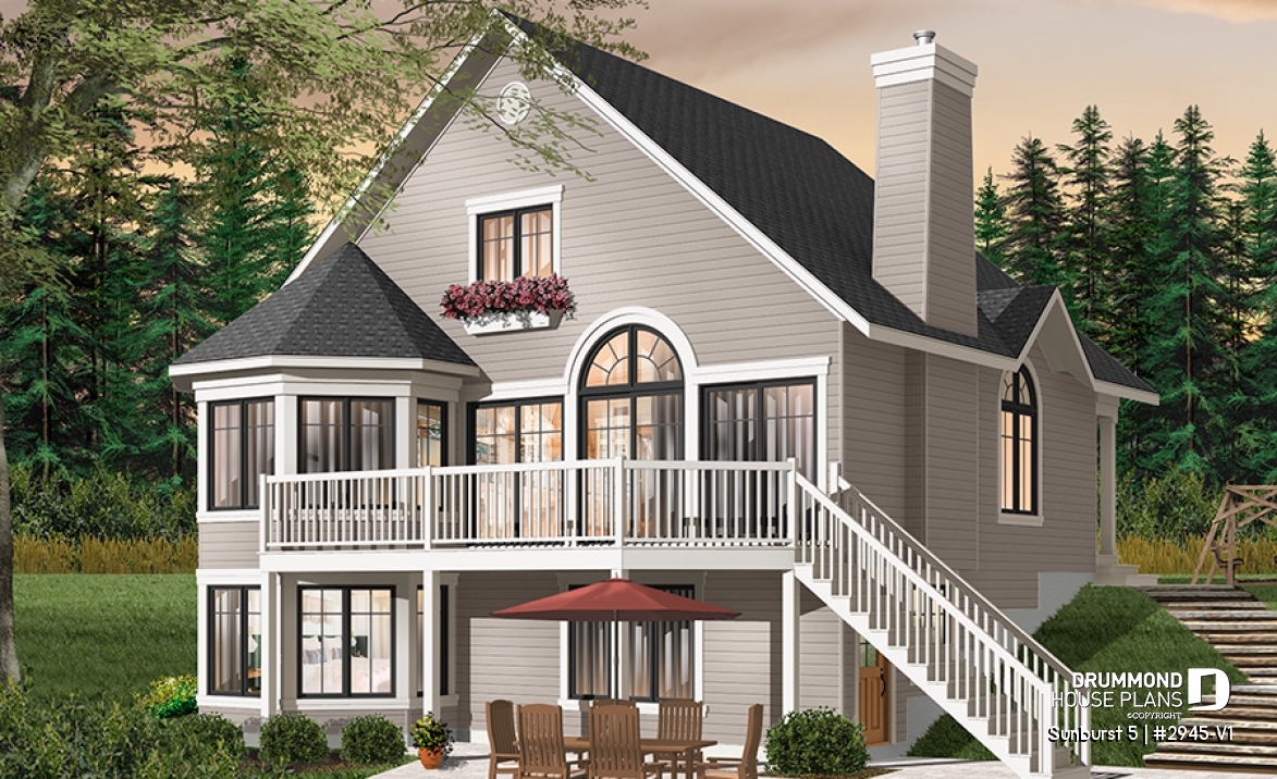 Rear view - BASE MODEL - Charming 3 bedroom cottage house plan, 2 bathrooms, mezzanine, unfinished walkout basement - Sunburst 5
