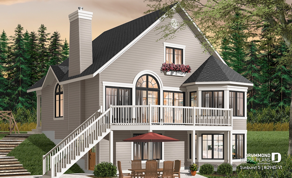 Rear view - BASE MODEL - Charming 3 bedroom cottage house plan, 2 bathrooms, mezzanine, unfinished walkout basement - Sunburst 5
