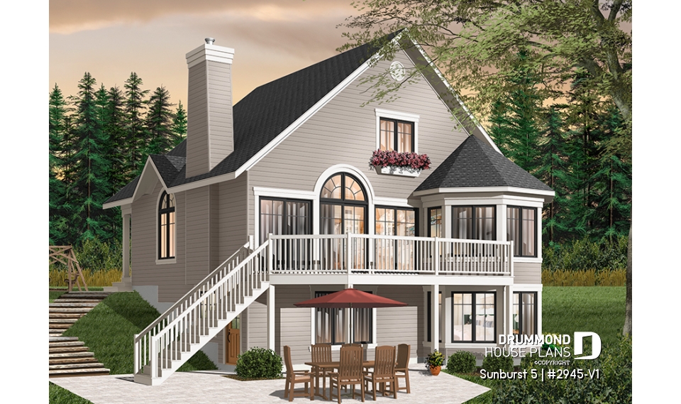 Rear view - BASE MODEL - Charming 3 bedroom cottage house plan, 2 bathrooms, mezzanine, unfinished walkout basement - Sunburst 5