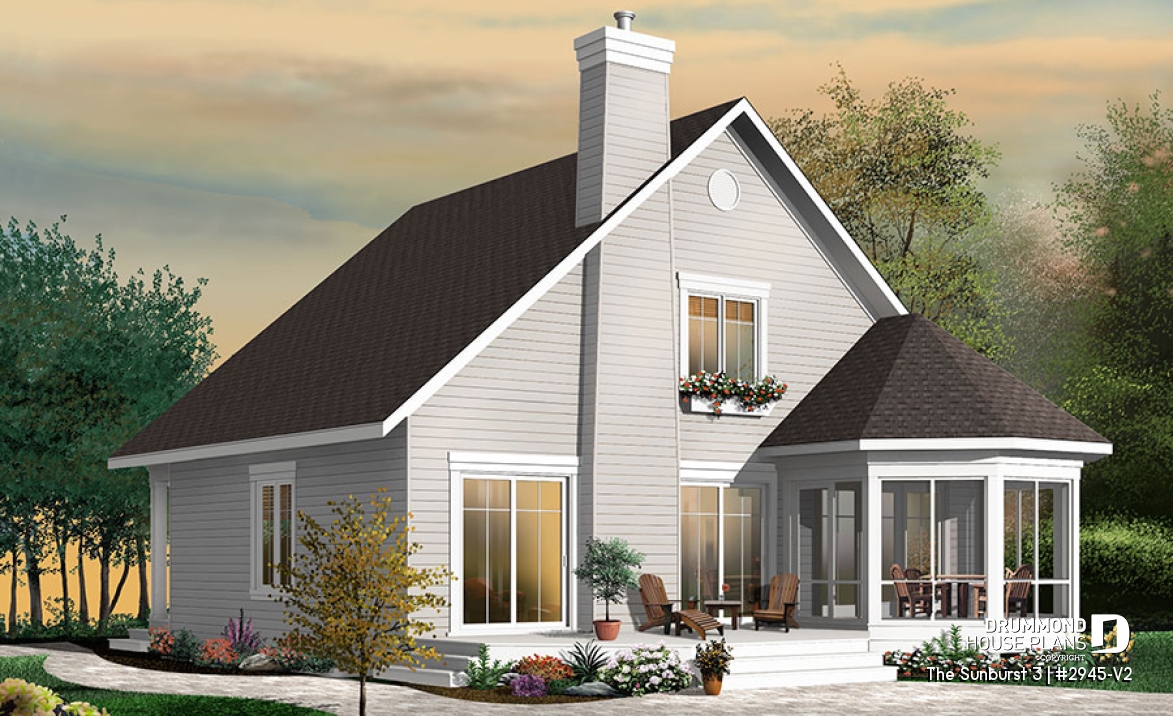 Rear view - BASE MODEL - Popular small country home plan with 4 bedrooms - 2 bathrooms chalet style with open floor plans, master suite - The Sunburst 3