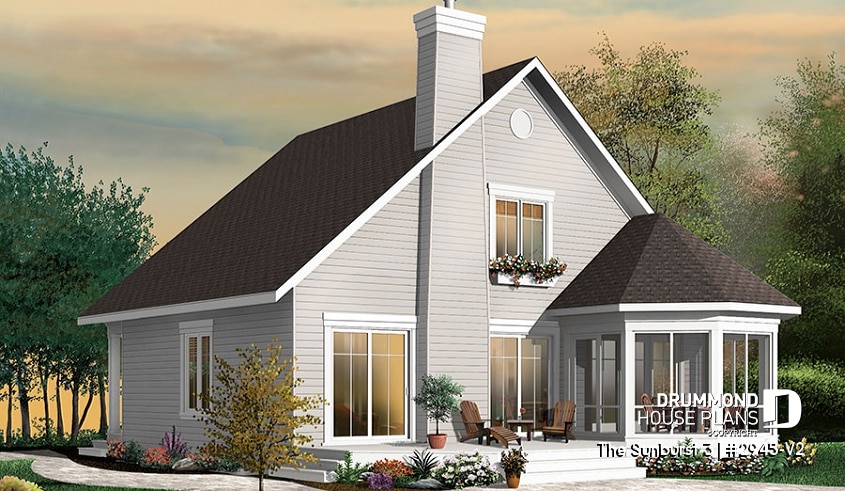 Rear view - BASE MODEL - Popular small country home plan with 4 bedrooms - 2 bathrooms chalet style with open floor plans, master suite - The Sunburst 3
