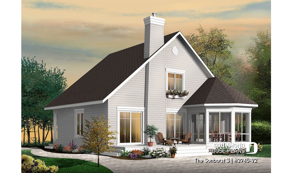 Rear view - BASE MODEL - Popular small country home plan with 4 bedrooms - 2 bathrooms chalet style with open floor plans, master suite - The Sunburst 3