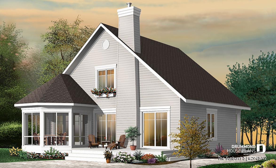 Rear view - BASE MODEL - Popular small country home plan with 4 bedrooms - 2 bathrooms chalet style with open floor plans, master suite - The Sunburst 3
