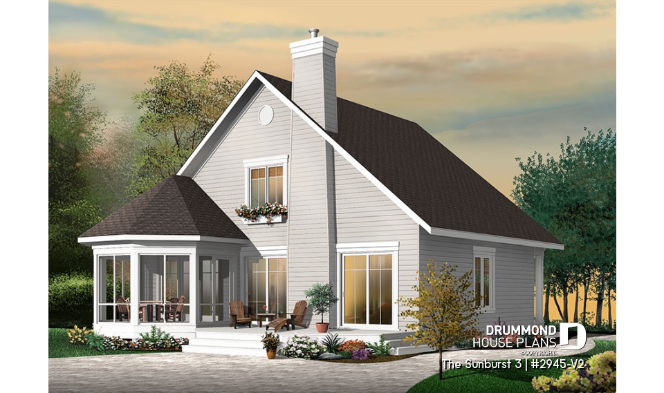 Rear view - BASE MODEL - Popular small country home plan with 4 bedrooms - 2 bathrooms chalet style with open floor plans, master suite - The Sunburst 3