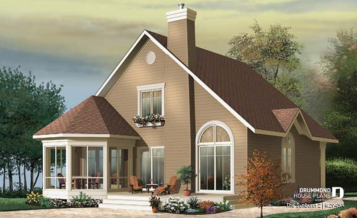Rear view - BASE MODEL - Country style cottage plan with a screened in porch, 3 bedrooms, 2 baths, cathedral ceiling &amp; mezzanine - The Sunburst 2