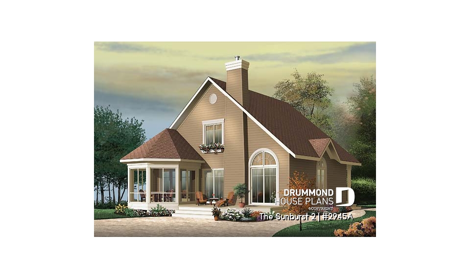 Rear view - BASE MODEL - Country style cottage plan with a screened in porch, 3 bedrooms, 2 baths, cathedral ceiling &amp; mezzanine - The Sunburst 2