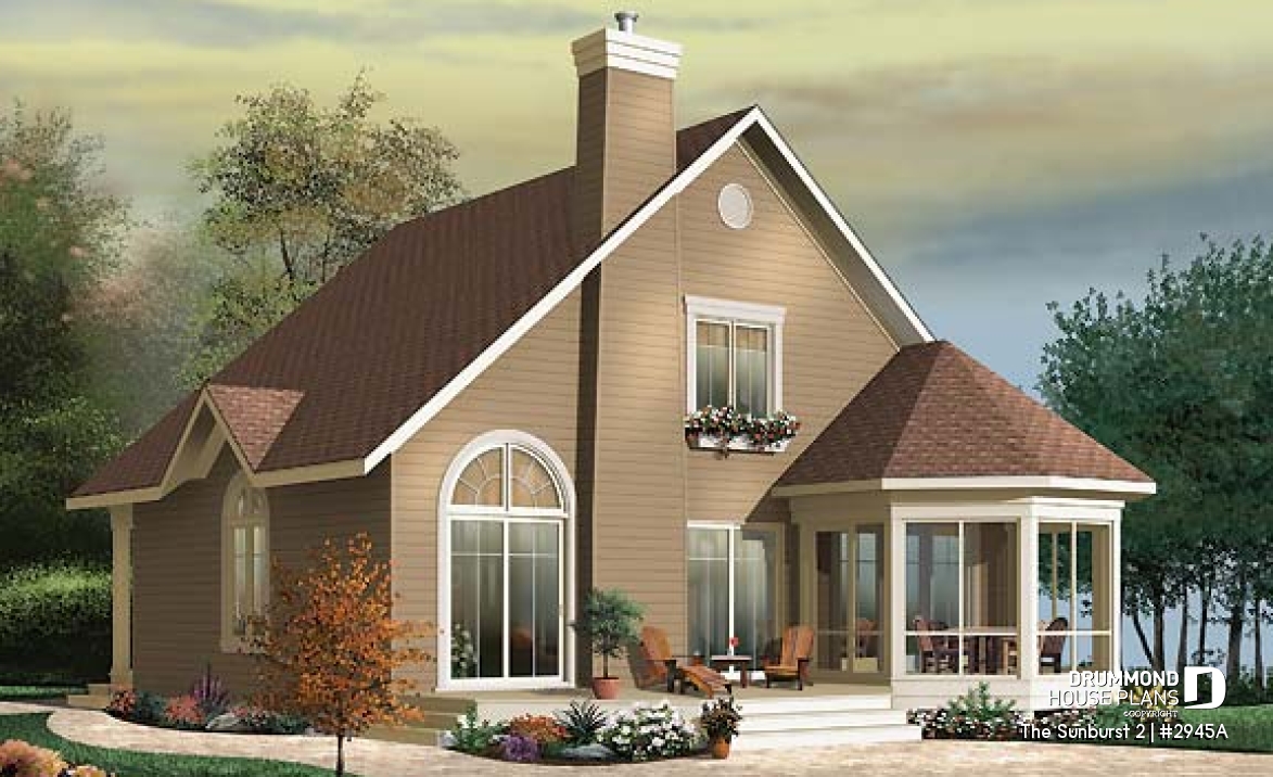 Rear view - BASE MODEL - Country style cottage plan with a screened in porch, 3 bedrooms, 2 baths, cathedral ceiling &amp; mezzanine - The Sunburst 2