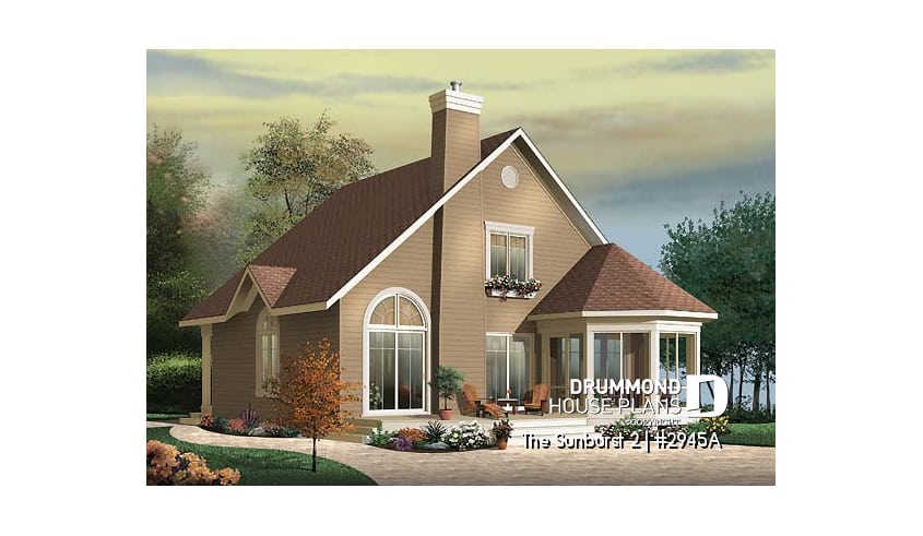 Rear view - BASE MODEL - Country style cottage plan with a screened in porch, 3 bedrooms, 2 baths, cathedral ceiling & mezzanine - The Sunburst 2