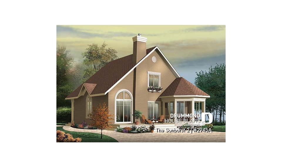Rear view - BASE MODEL - Country style cottage plan with a screened in porch, 3 bedrooms, 2 baths, cathedral ceiling &amp; mezzanine - The Sunburst 2