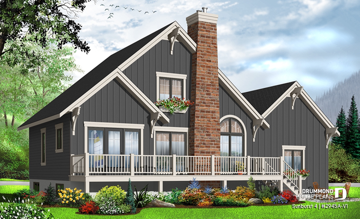 Rear view - BASE MODEL - Rustic country cottage home plan with garage, 3 bedrooms, fireplace, mezzanine, cathedral ceiling - Sunburst 4