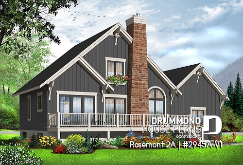 Rear view - BASE MODEL - Rustic country cottage home plan with garage, 3 bedrooms, fireplace, mezzanine, cathedral ceiling - Rosemont 2A