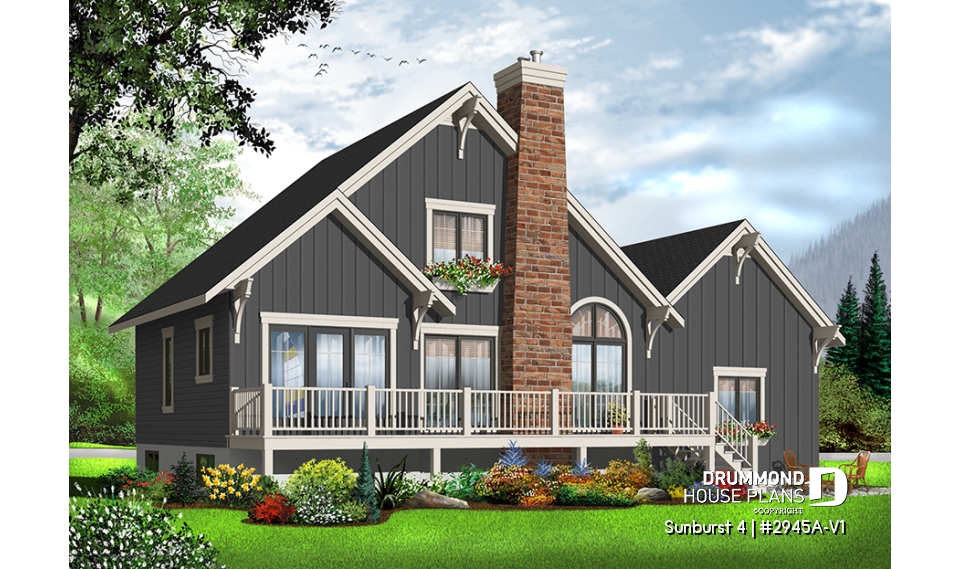 Rear view - BASE MODEL - Rustic country cottage home plan with garage, 3 bedrooms, fireplace, mezzanine, cathedral ceiling - Sunburst 4
