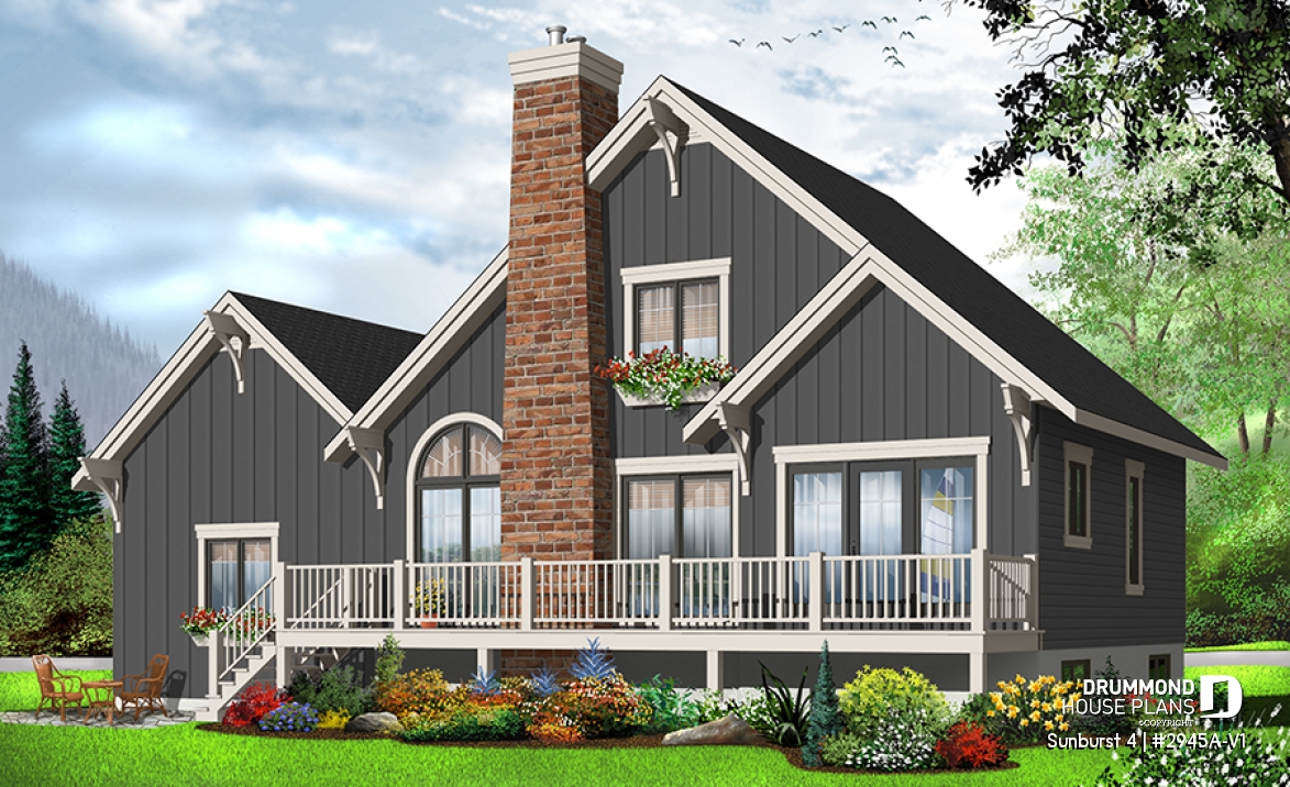 Rear view - BASE MODEL - Rustic country cottage home plan with garage, 3 bedrooms, fireplace, mezzanine, cathedral ceiling - Sunburst 4