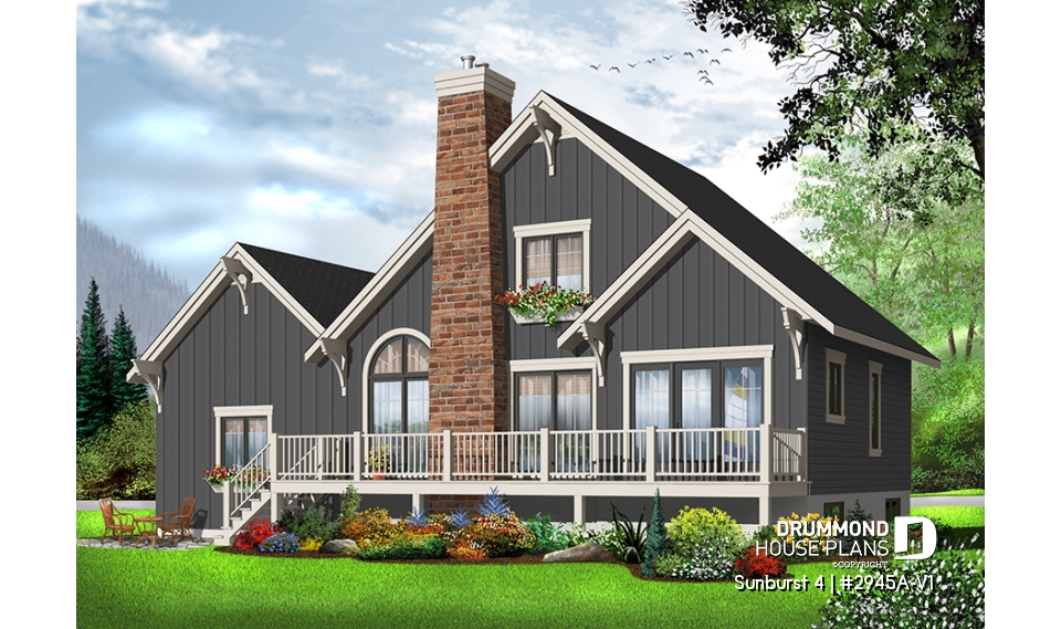 Rear view - BASE MODEL - Rustic country cottage home plan with garage, 3 bedrooms, fireplace, mezzanine, cathedral ceiling - Sunburst 4