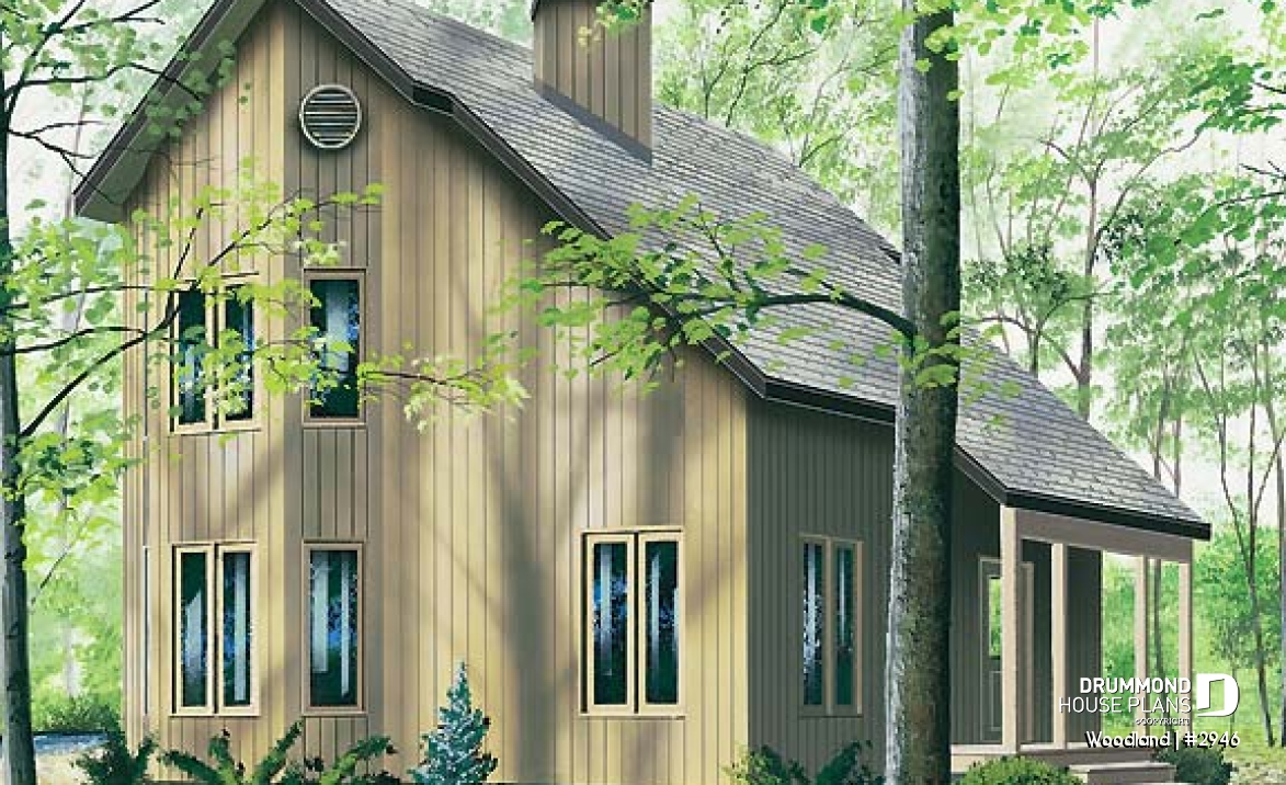 front - BASE MODEL - Scandinavian family wood cottage house plan, 2 bedrooms, mezzanine, low budget, great style - Woodland