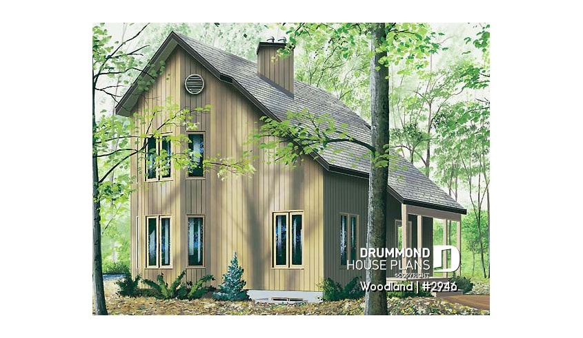 front - BASE MODEL - Scandinavian family wood cottage house plan, 2 bedrooms, mezzanine, low budget, great style - Woodland
