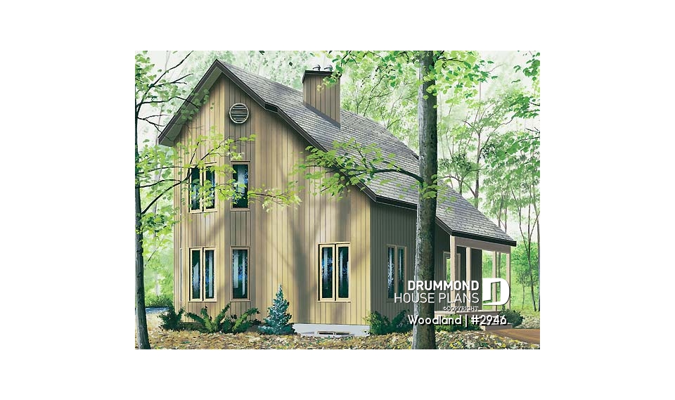 front - BASE MODEL - Scandinavian family wood cottage house plan, 2 bedrooms, mezzanine, low budget, great style - Woodland