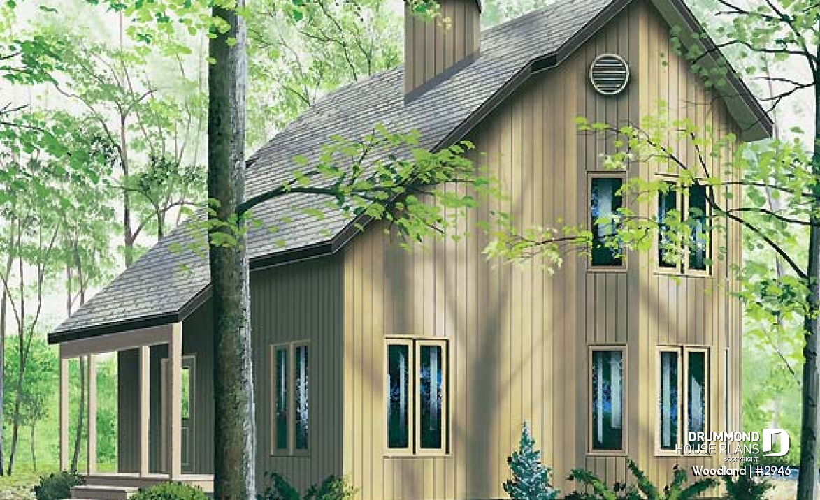 front - BASE MODEL - Scandinavian family wood cottage house plan, 2 bedrooms, mezzanine, low budget, great style - Woodland