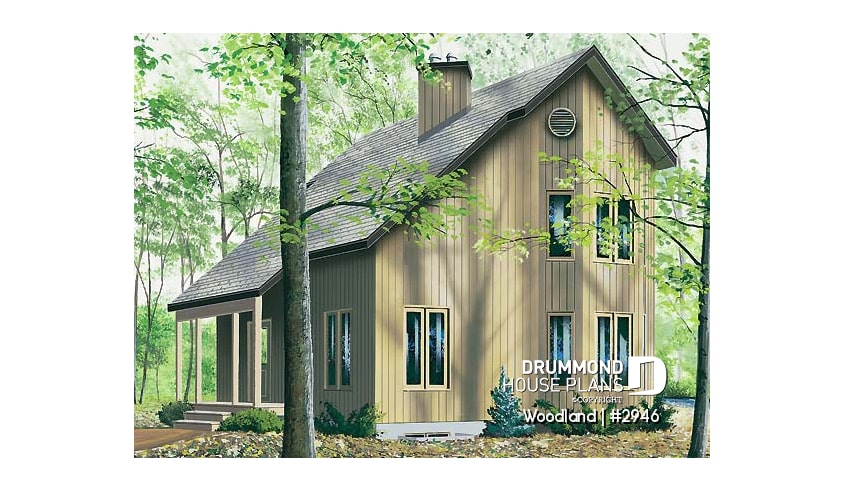 front - BASE MODEL - Scandinavian family wood cottage house plan, 2 bedrooms, mezzanine, low budget, great style - Woodland