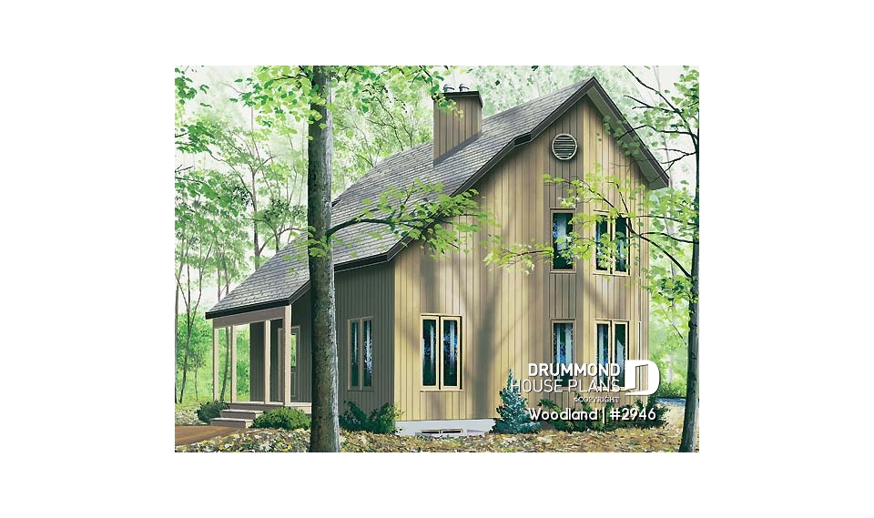 front - BASE MODEL - Scandinavian family wood cottage house plan, 2 bedrooms, mezzanine, low budget, great style - Woodland