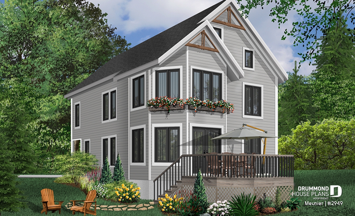 Color version 2 - Rear - Cottage plan with a large master bedroom (sitting area), great natural lights, laundry on main floor - Meunier