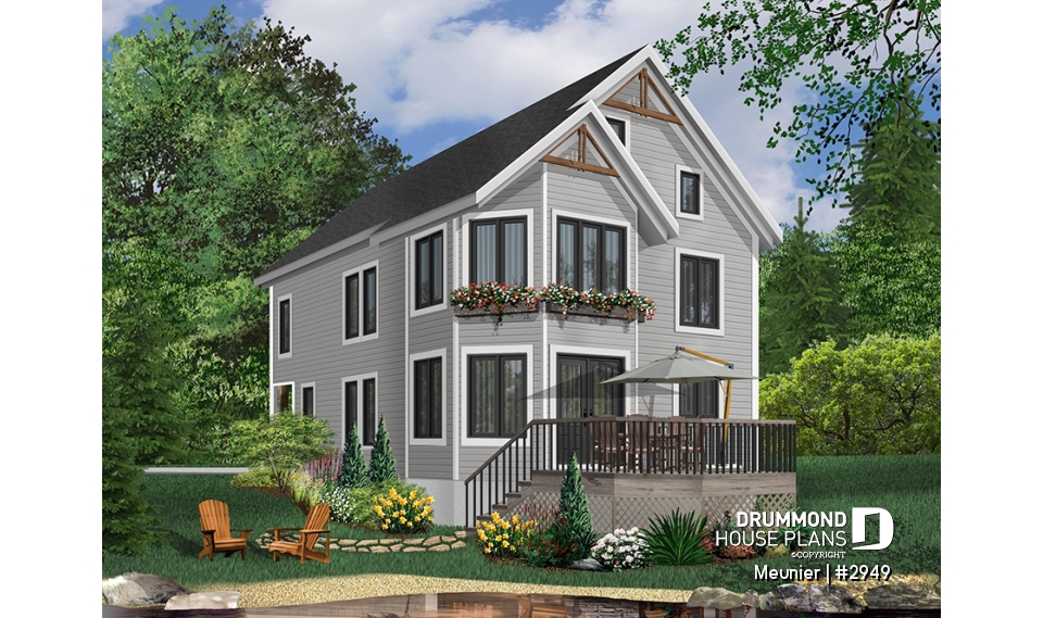 Color version 2 - Rear - Cottage plan with a large master bedroom (sitting area), great natural lights, laundry on main floor - Meunier