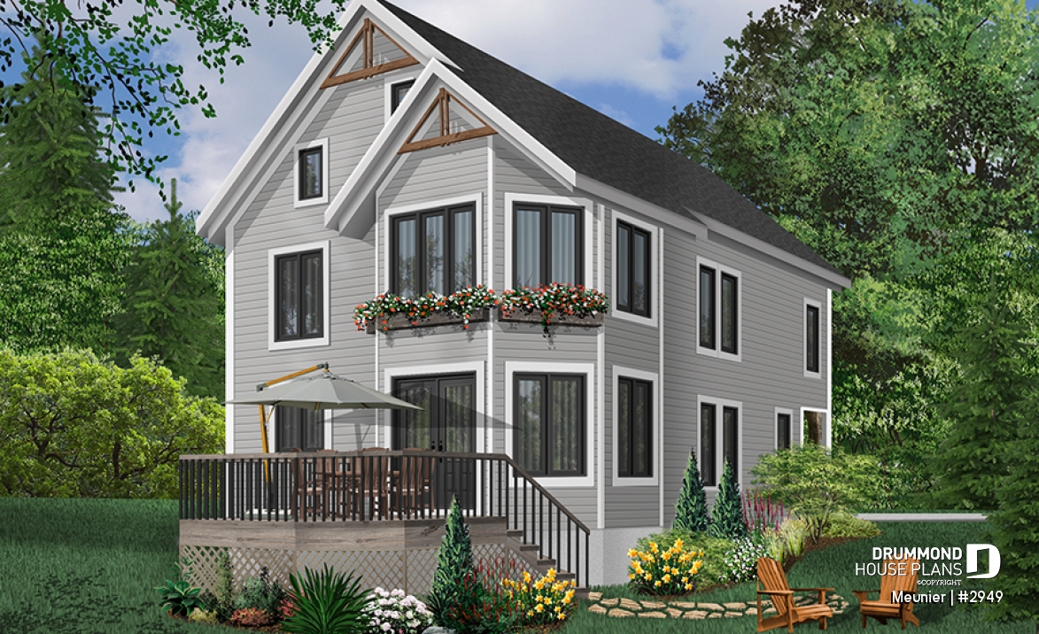 Color version 2 - Rear - Cottage plan with a large master bedroom (sitting area), great natural lights, laundry on main floor - Meunier