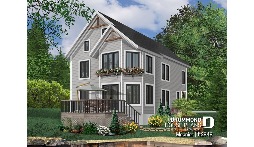Color version 2 - Rear - Cottage plan with a large master bedroom (sitting area), great natural lights, laundry on main floor - Meunier
