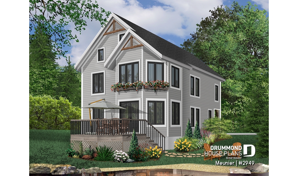 Color version 2 - Rear - Cottage plan with a large master bedroom (sitting area), great natural lights, laundry on main floor - Meunier