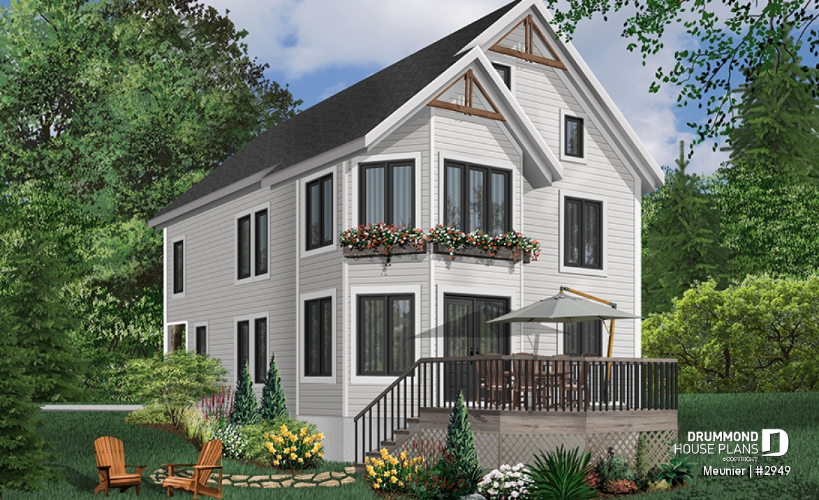 Rear view - BASE MODEL - Cottage plan with a large master bedroom (sitting area), great natural lights, laundry on main floor - Meunier