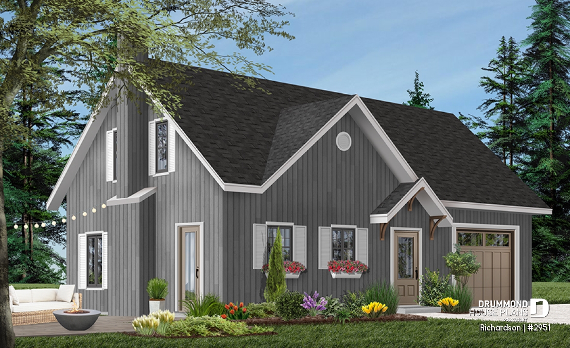 Color version 4 - Front - Rustic cottage house plan, open floor plan with fireplace, 3 bedrooms, garage - Richardson