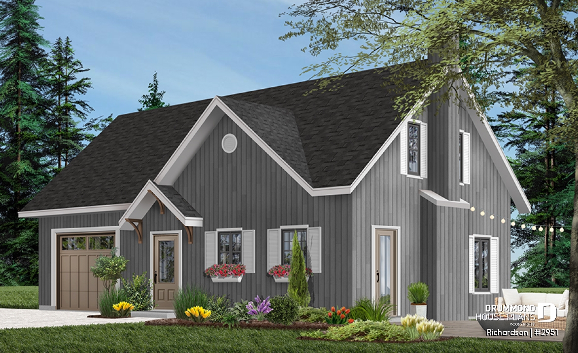 Color version 4 - Front - Rustic cottage house plan, open floor plan with fireplace, 3 bedrooms, garage - Richardson