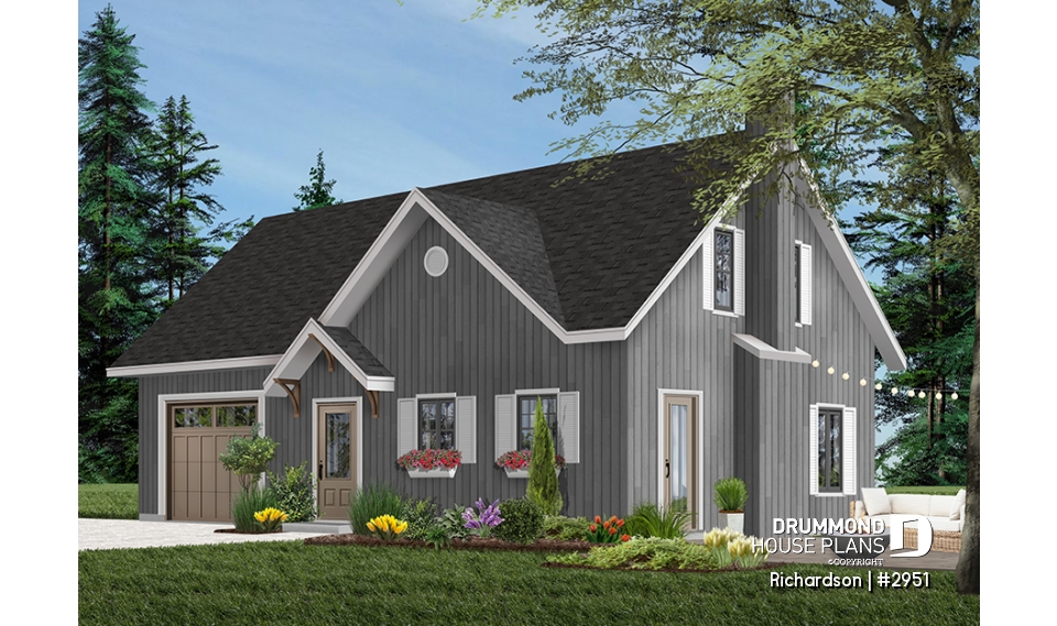Color version 4 - Front - Rustic cottage house plan, open floor plan with fireplace, 3 bedrooms, garage - Richardson
