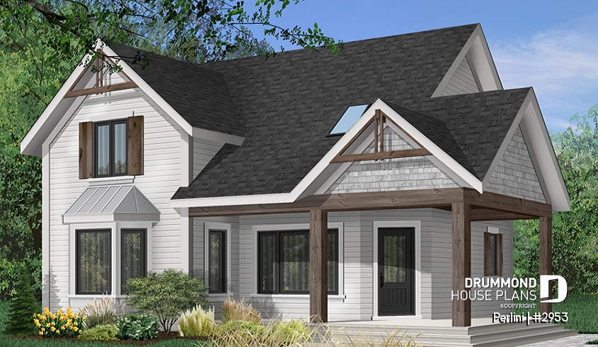 Color version 1 - Front - Country style 3 large bedroom home plan,  large front covered porch, kitchen island, mud room - Perlini