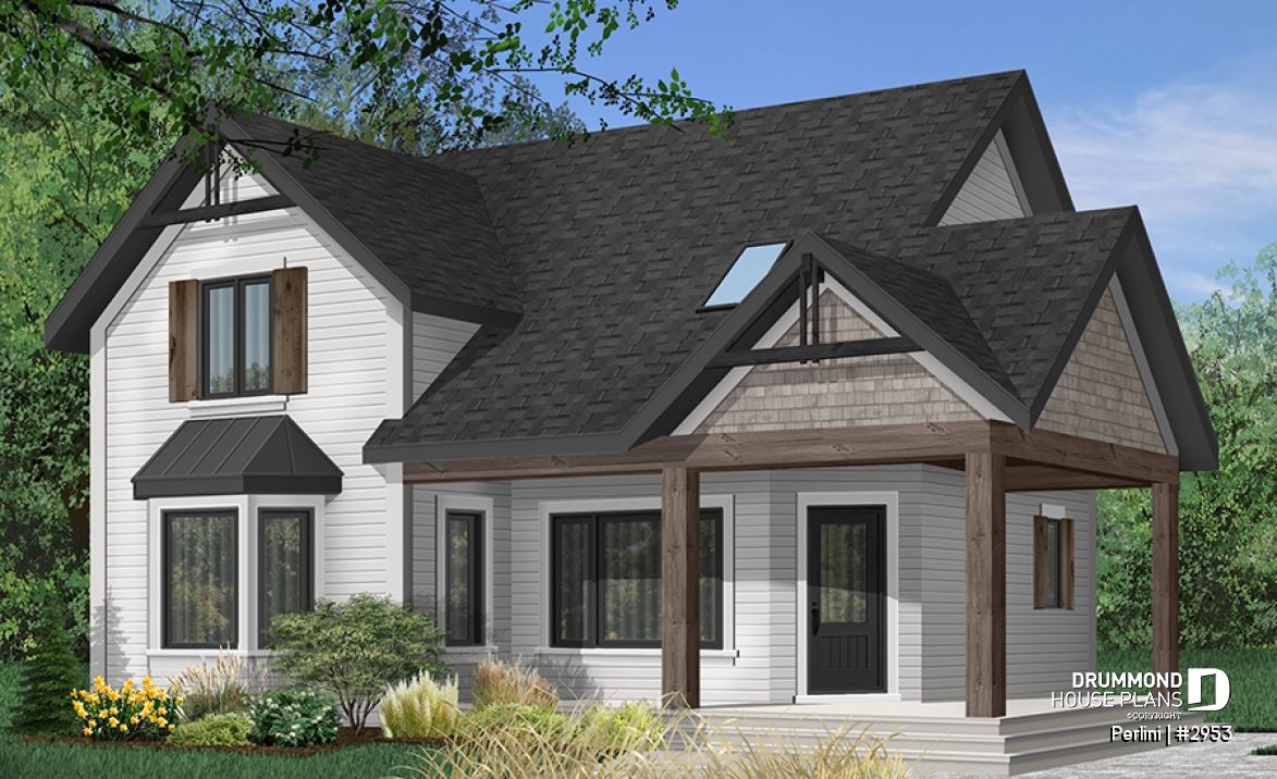 Color version 9 - Front - Country style 3 large bedroom home plan,  large front covered porch, kitchen island, mud room - Perlini