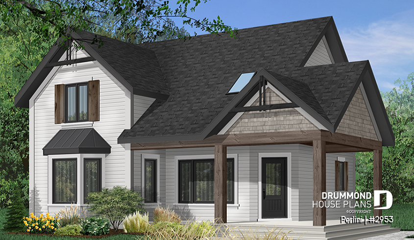 Color version 9 - Front - Country style 3 large bedroom home plan,  large front covered porch, kitchen island, mud room - Perlini