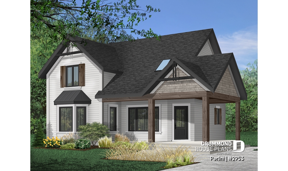 Color version 9 - Front - Country style 3 large bedroom home plan,  large front covered porch, kitchen island, mud room - Perlini