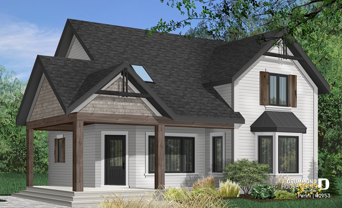 Color version 9 - Front - Country style 3 large bedroom home plan,  large front covered porch, kitchen island, mud room - Perlini