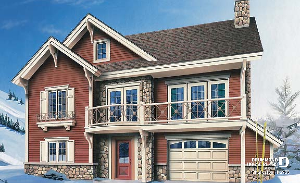 front - BASE MODEL - Reverse floor plans, ski chalet with one-car garage, open floor plan concept, fireplace, master on main - Charleston