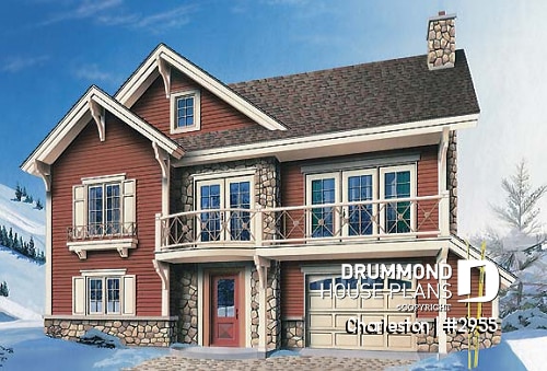 front - BASE MODEL - Reverse floor plans, ski chalet with one-car garage, open floor plan concept, fireplace, master on main - Charleston