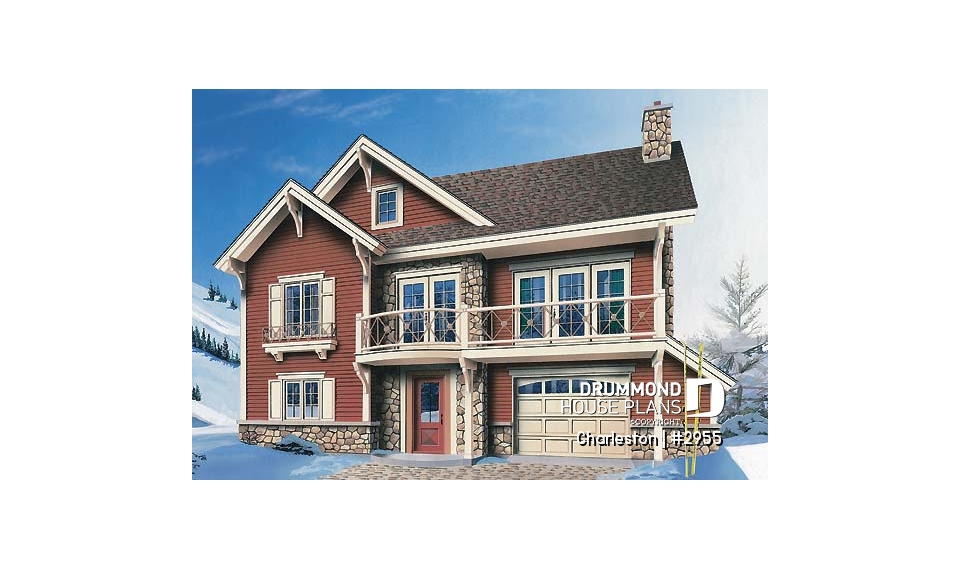 front - BASE MODEL - Reverse floor plans, ski chalet with one-car garage, open floor plan concept, fireplace, master on main - Charleston