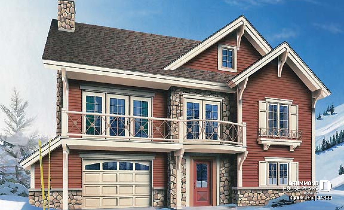 front - BASE MODEL - Reverse floor plans, ski chalet with one-car garage, open floor plan concept, fireplace, master on main - Charleston