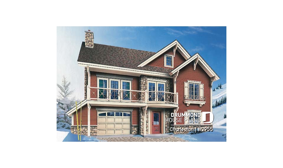 front - BASE MODEL - Reverse floor plans, ski chalet with one-car garage, open floor plan concept, fireplace, master on main - Charleston