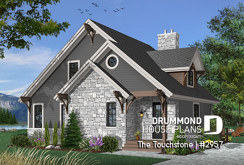 front - BASE MODEL - Mountain style cottage house plan, 3 beds, large terrace, mezzanine, fireplace and open floor plan concept - The Touchstone