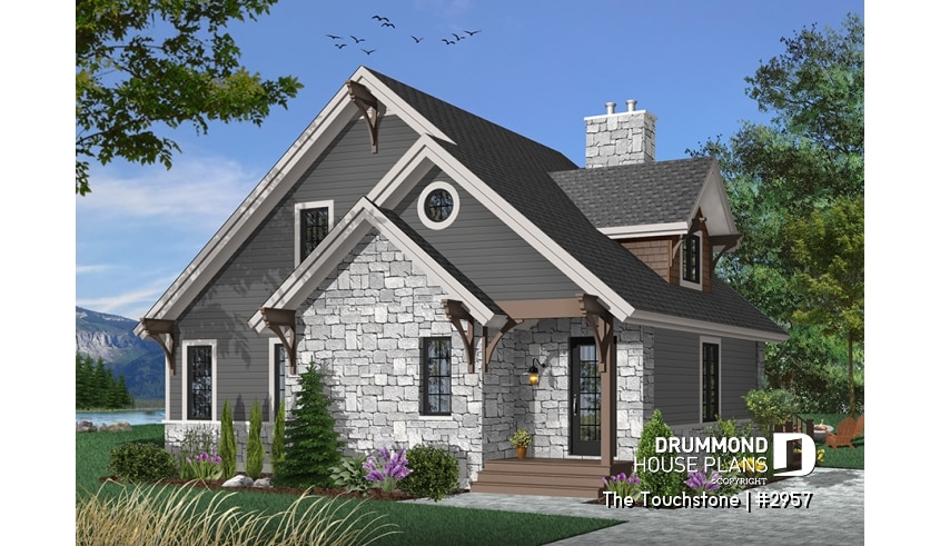 front - BASE MODEL - Mountain style cottage house plan, 3 beds, large terrace, mezzanine, fireplace and open floor plan concept - The Touchstone