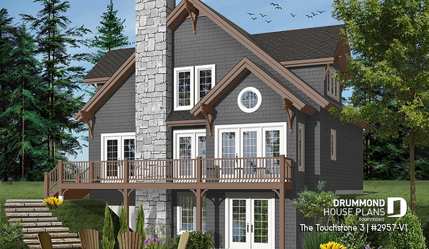 Color version 2 - Rear - Lakefront cottage plan, walkout  basement, 3 to 4 bedrooms, open floor plan layout, fireplace - The Touchstone 5