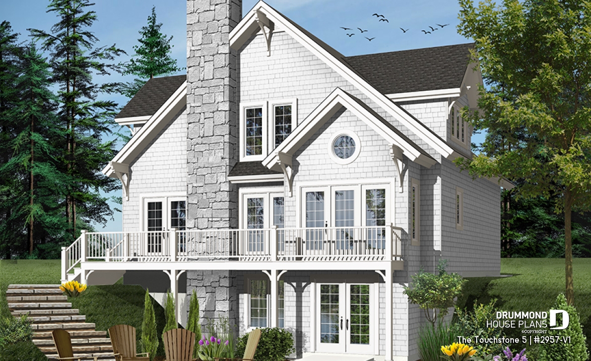 Color version 5 - Rear - Lakefront cottage plan, walkout  basement, 3 to 4 bedrooms, open floor plan layout, fireplace - The Touchstone 5
