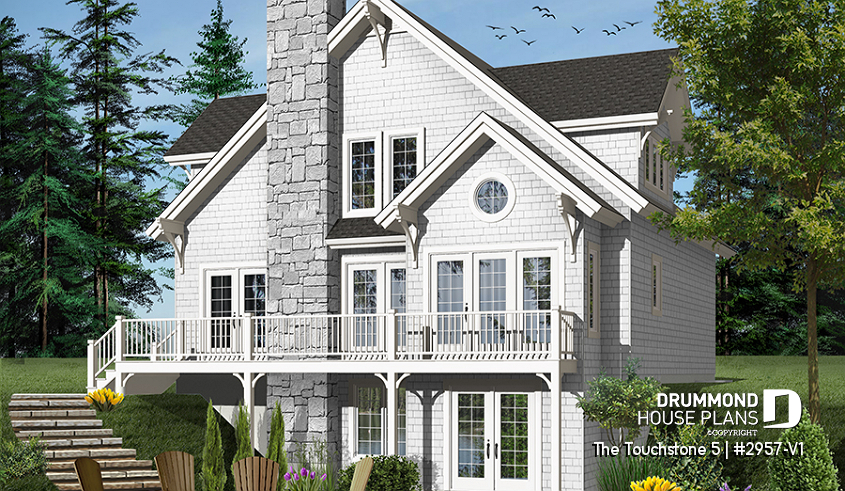 Color version 5 - Rear - Lakefront cottage plan, walkout  basement, 3 to 4 bedrooms, open floor plan layout, fireplace - The Touchstone 5