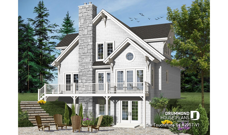 Color version 5 - Rear - Lakefront cottage plan, walkout  basement, 3 to 4 bedrooms, open floor plan layout, fireplace - The Touchstone 5